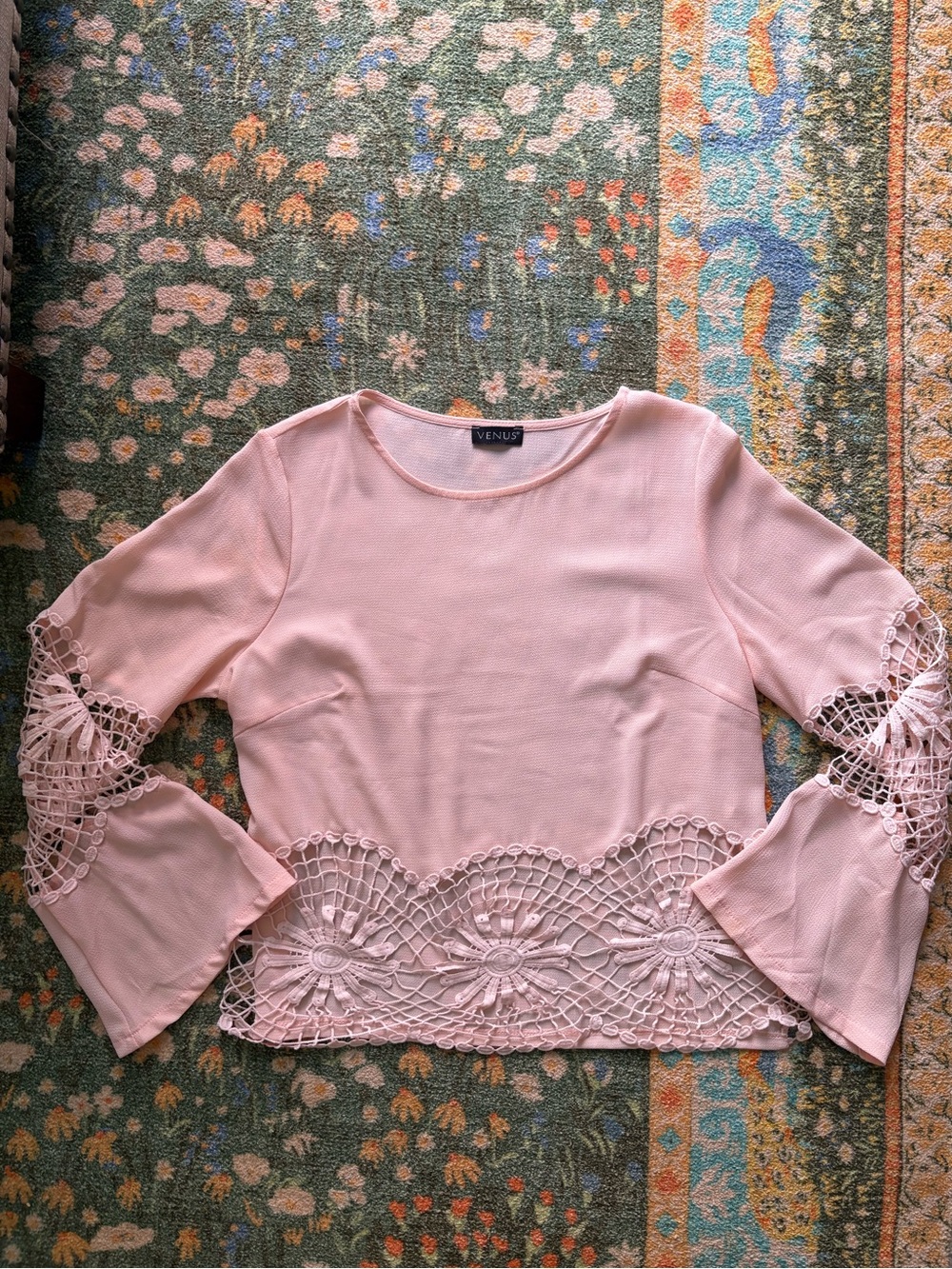 Venus pink crochet insert bell sleeve blouse